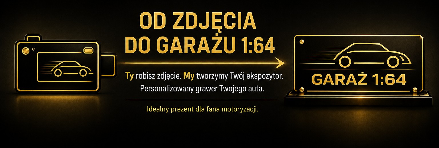 Od zdjęcia do garażu 1:64. Ty robisz zdjęcie, my tworzymy Twój ekspozytor — personalizowany grawer Twojego auta. Idealny prezent dla fana motoryzacji.